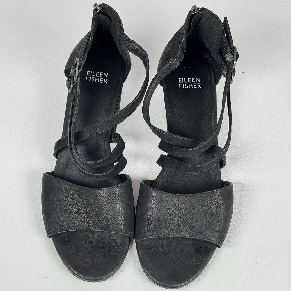 Eileen Fisher Womens Black Kyra Nubuck Block Heel Strappy Sandals Size 9 - Picture 9 of 11